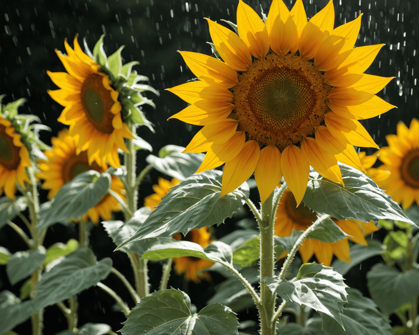 AI generated wallpaper featuring sunflowers, rain