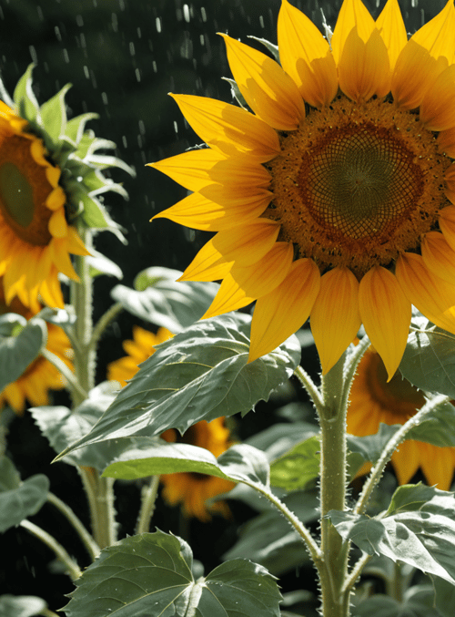sunflowers, rain