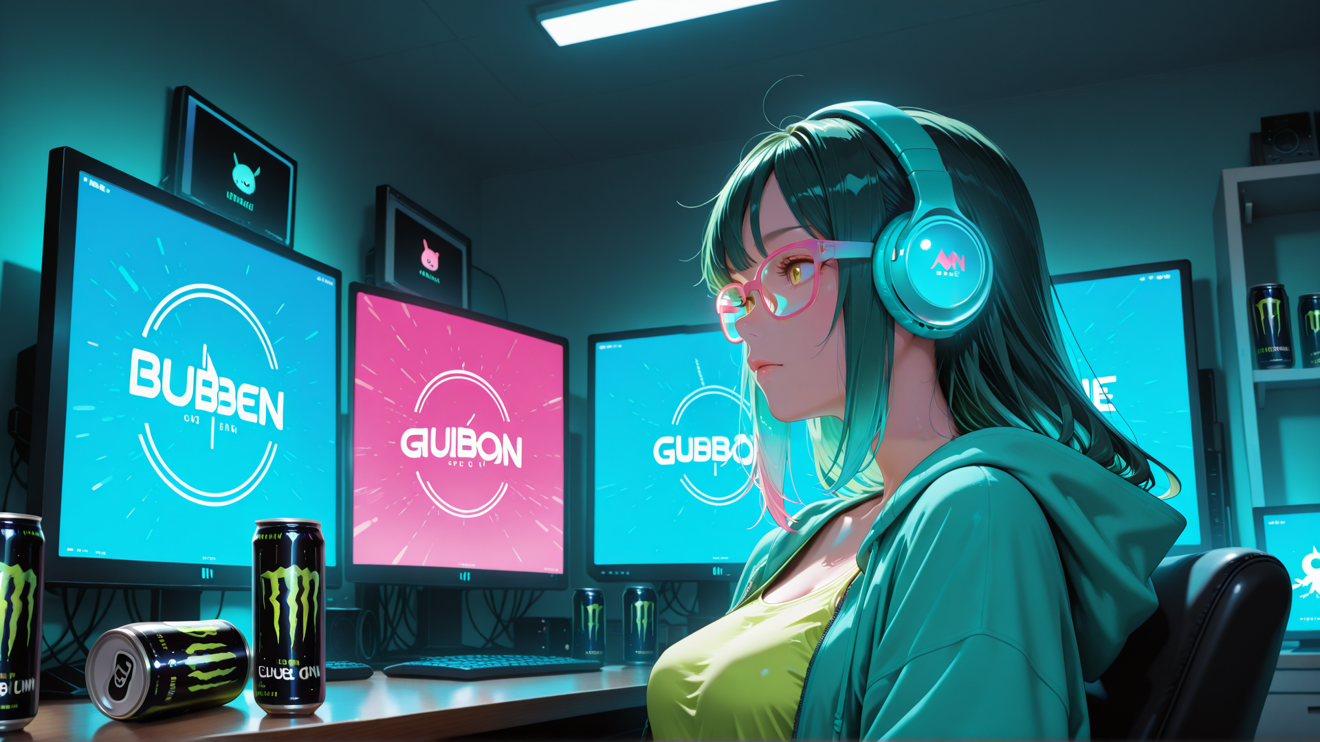 AI generated wallpaper featuring girl, headphones, monitors, gaming, cans, computer, desk, hoodie, glasses, monitor