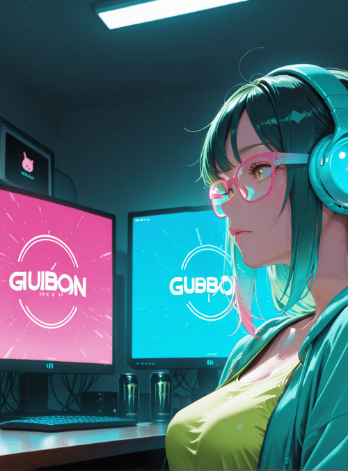 girl, headphones, monitors, gaming, cans, computer, desk, hoodie, glasses, monitor