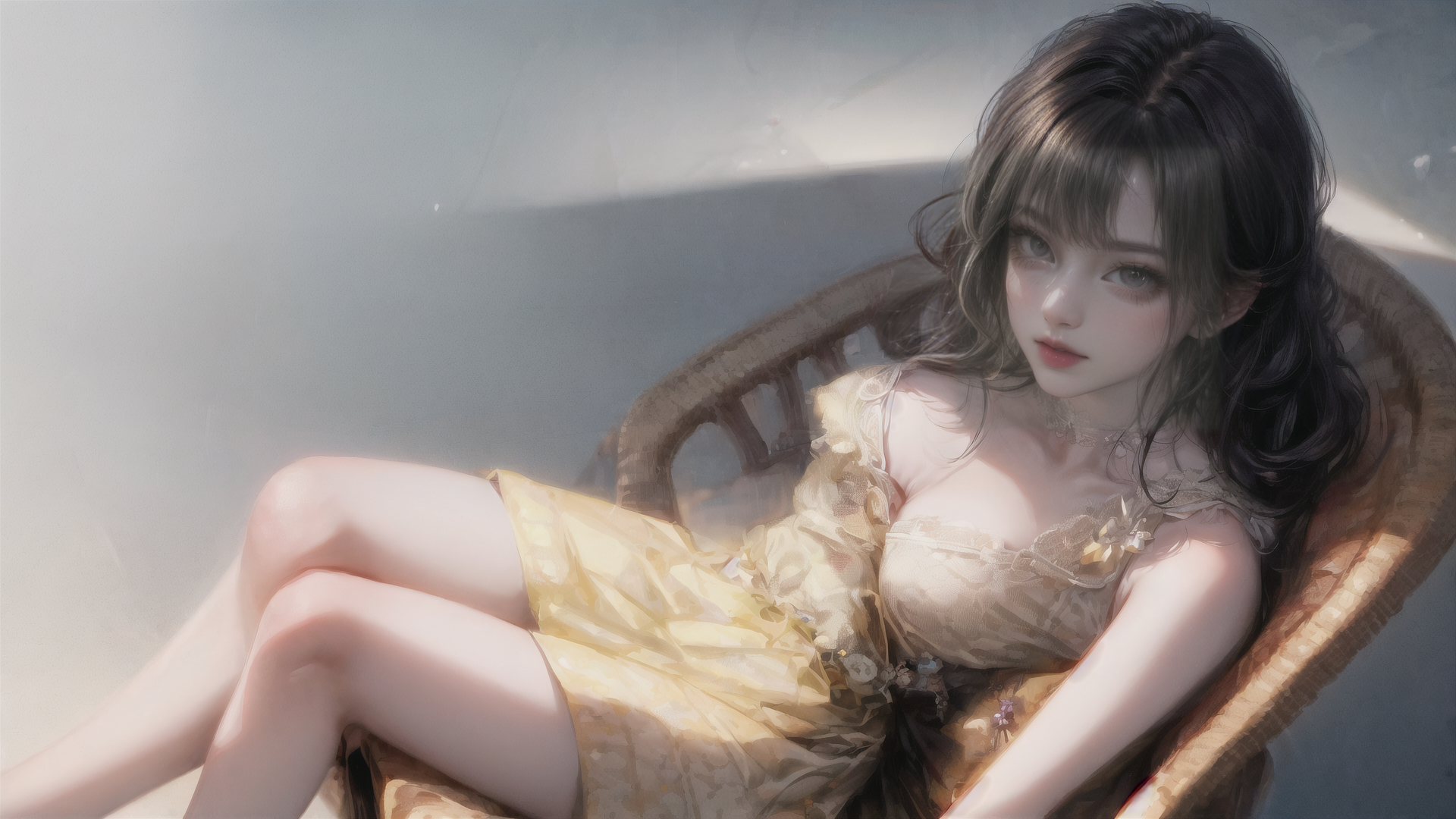 AI generated wallpaper featuring woman, chaise, dress