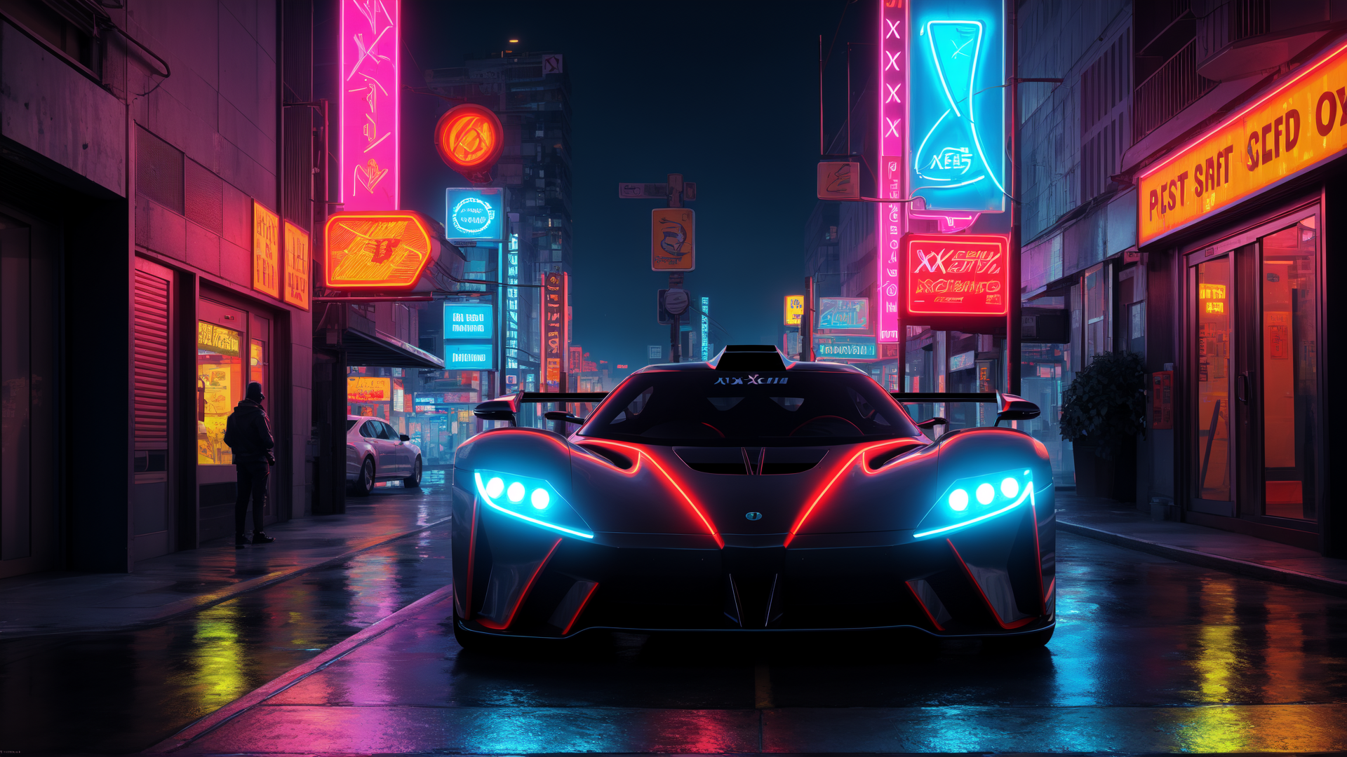 AI generated wallpaper featuring car, neon lights, street, cityscape, building, sign, person, road, vehicle, light