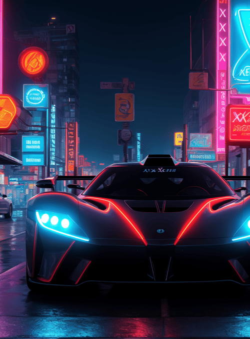 car, neon lights, street, cityscape, building, sign, person, road, vehicle, light