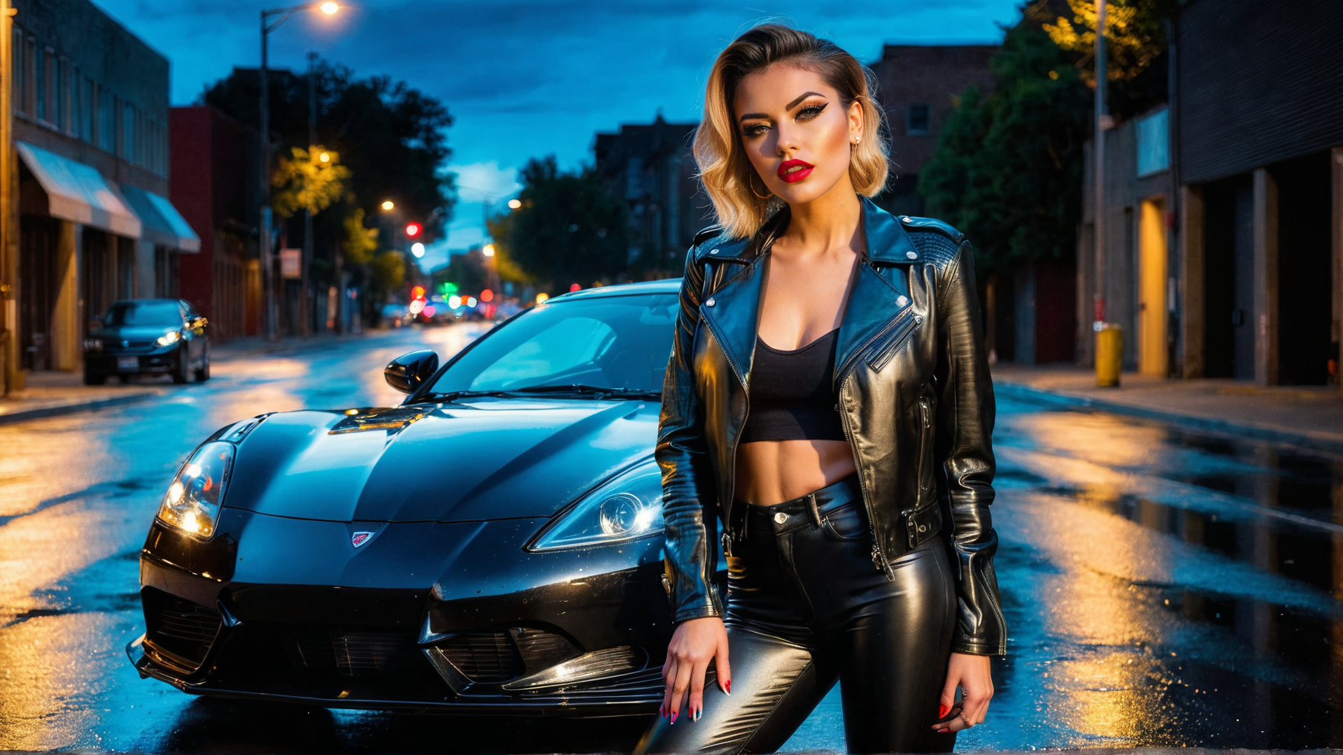 AI generated wallpaper featuring woman, car, street