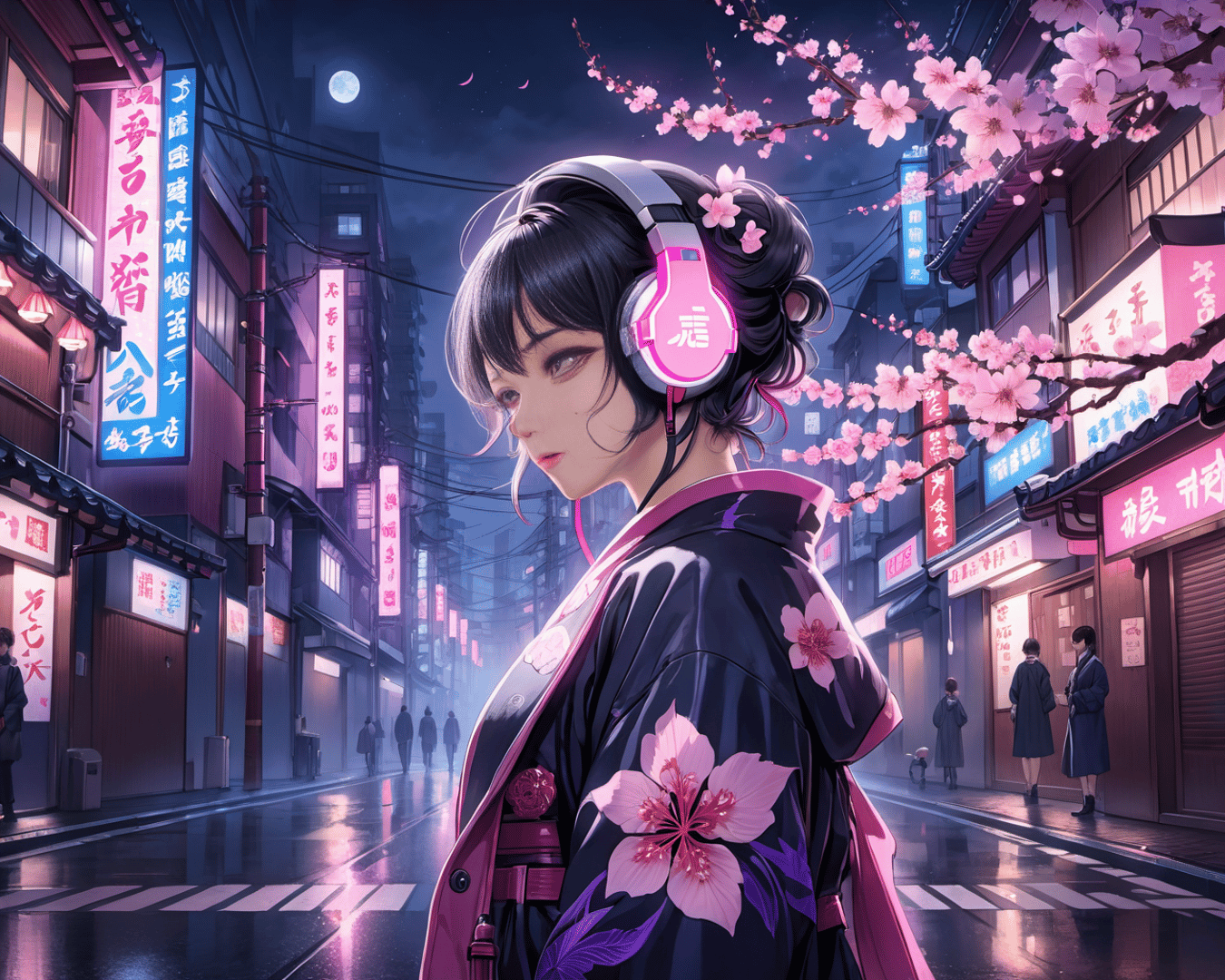 AI generated wallpaper featuring woman, headphones, kimono