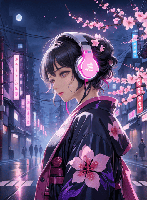 woman, headphones, kimono