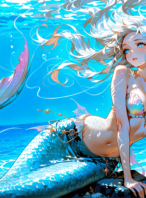 mermaid, coral, fish, seashells, ocean, sunlight, scales, whirlpools, bubbles, starfish