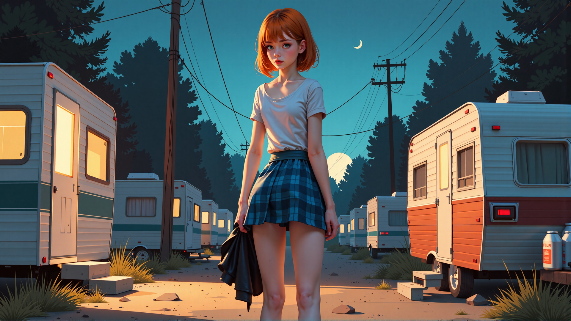 AI generated wallpaper featuring girl, camper, trailer, trees, moon, jacket, power lines, grass, road, step
