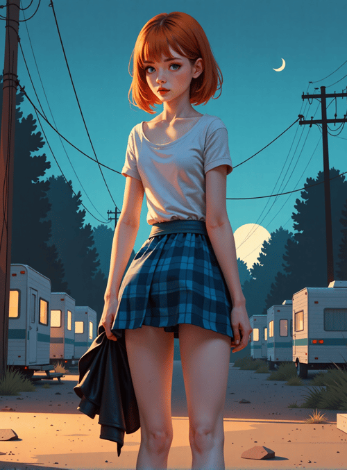 girl, camper, trailer, trees, moon, jacket, power lines, grass, road, step
