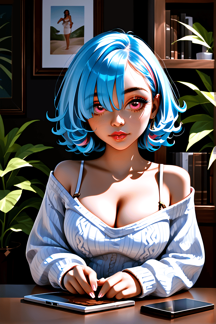AI generated wallpaper featuring woman, blue hair, digital art, sitting, tablet, plants, bookshelf