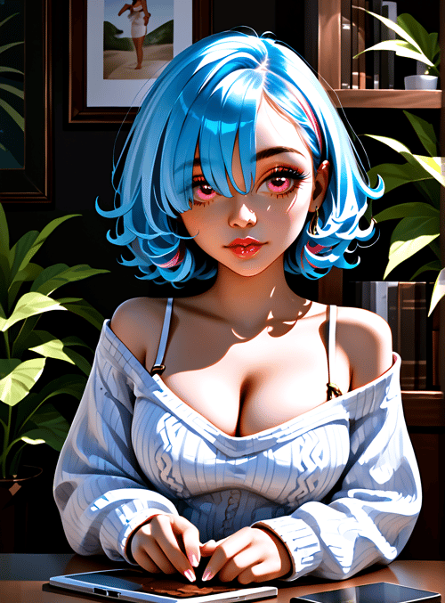 woman, blue hair, digital art, sitting, tablet, plants, bookshelf