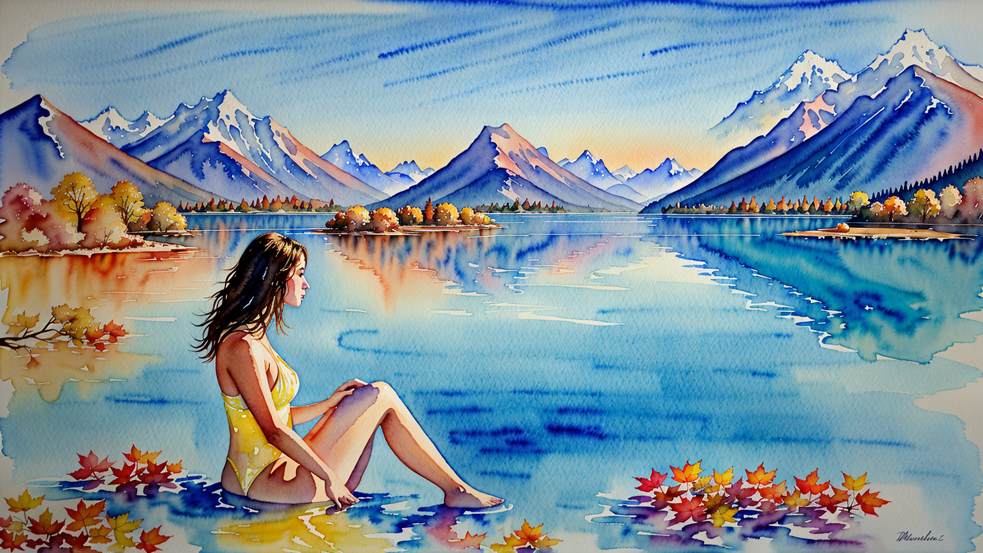 AI generated wallpaper featuring woman, lake, mountains