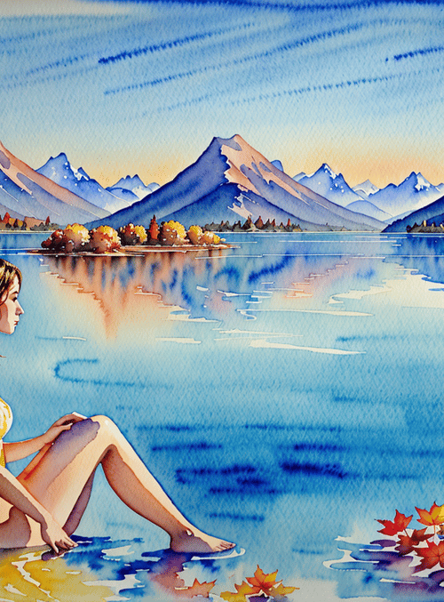 woman, lake, mountains