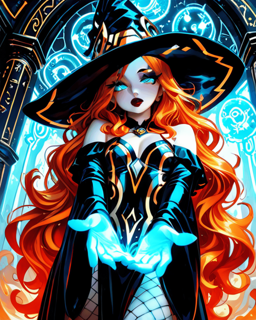 AI generated wallpaper featuring witch, woman, gloves, hat, long hair, dress