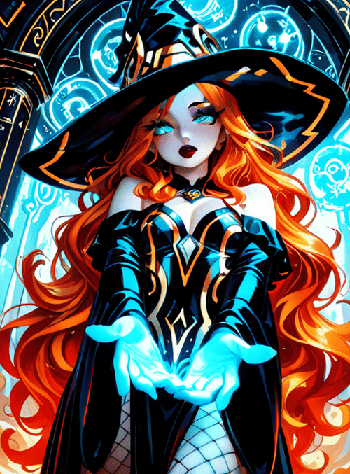 witch, woman, gloves, hat, long hair, dress