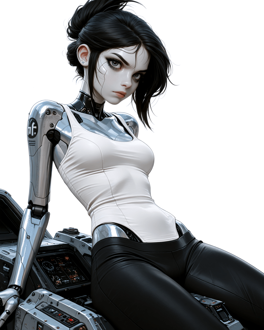 AI generated wallpaper featuring cyborg, woman, robot, motorcycle