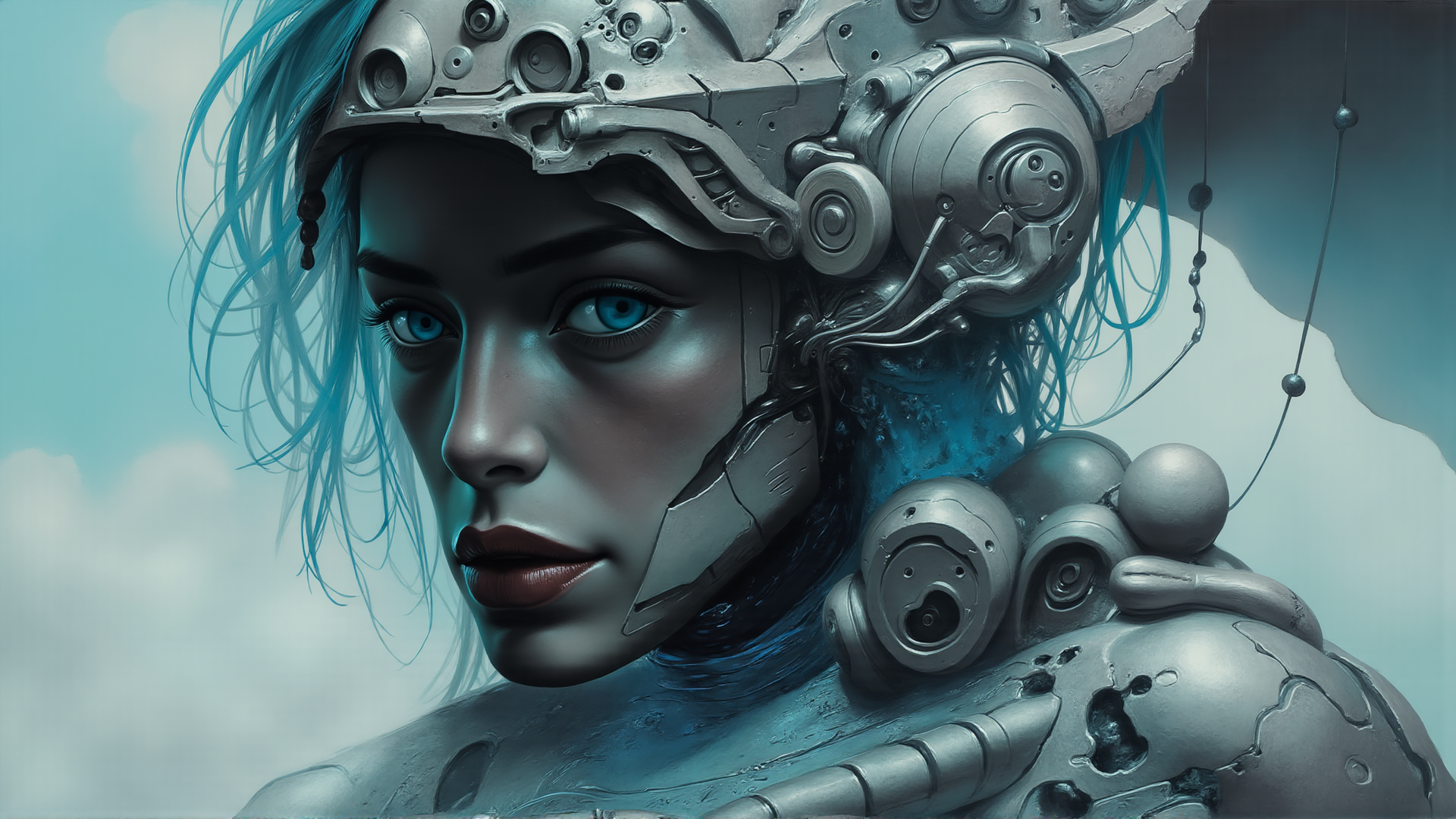 AI generated wallpaper featuring cyborg, robot, human, mechanism, circuit