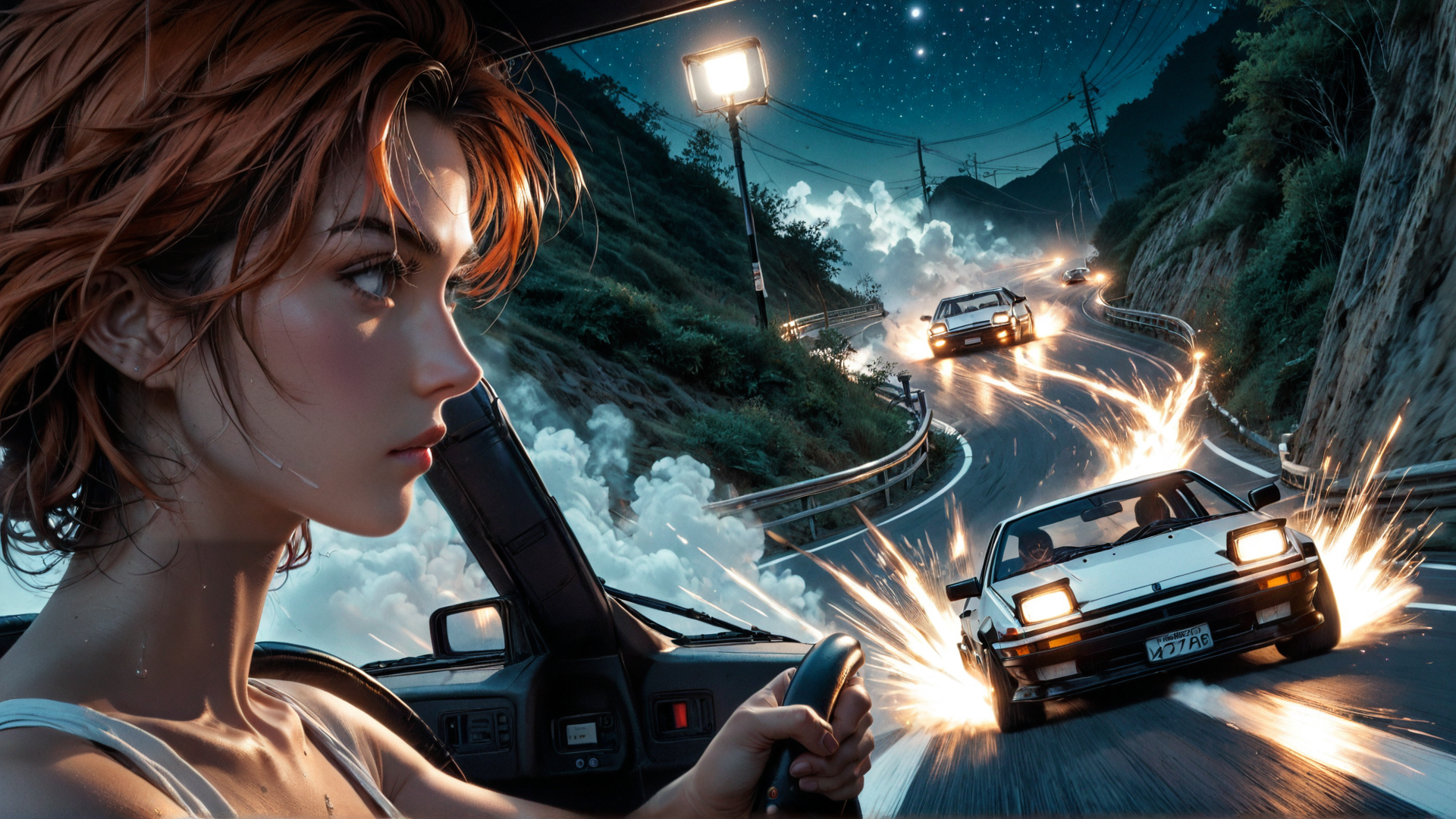 AI generated wallpaper featuring woman, car, road, streetlight, sparkles, mountain, stars