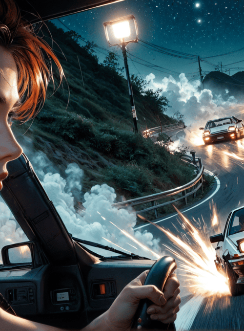 woman, car, road, streetlight, sparkles, mountain, stars