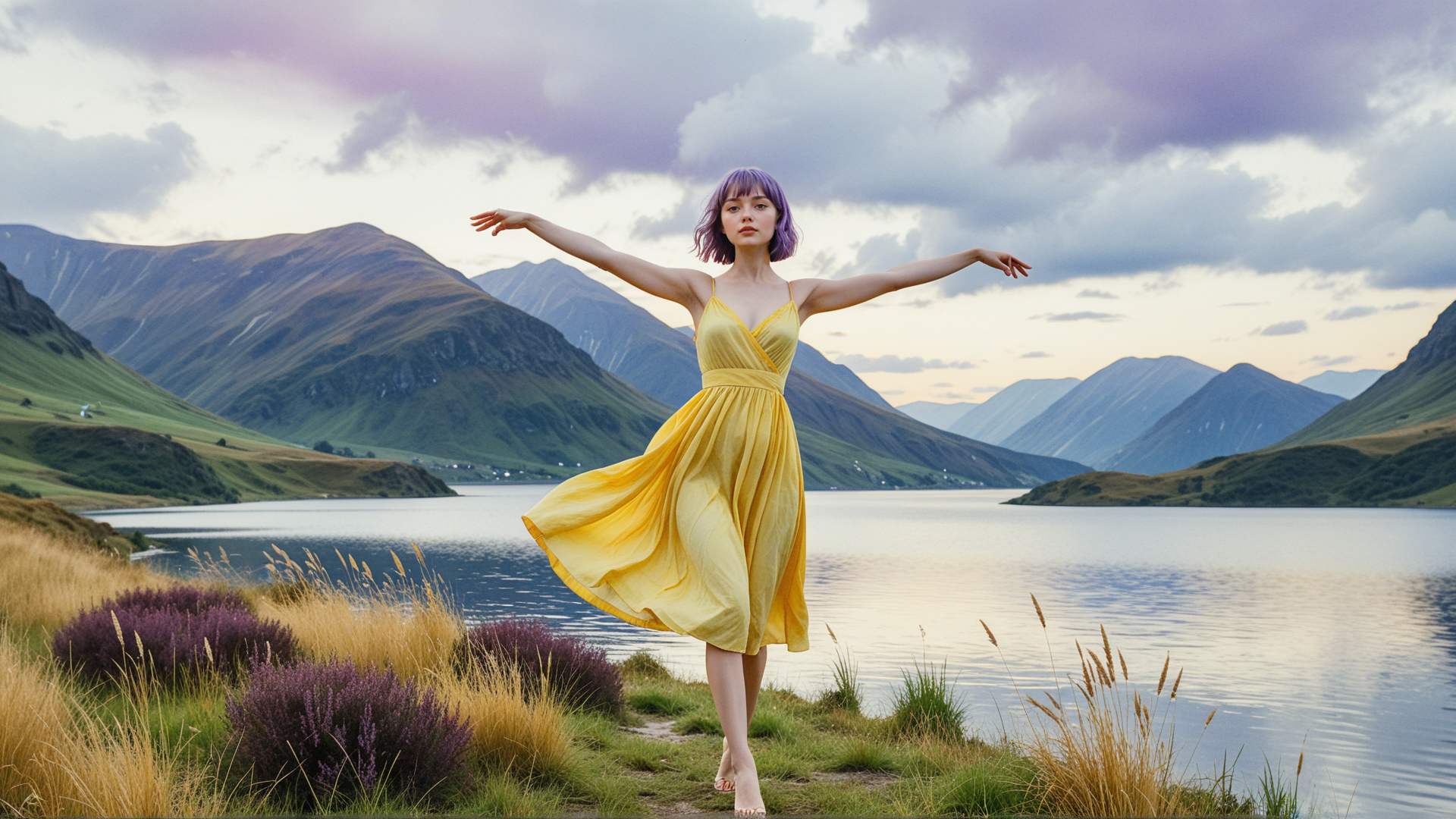 AI generated wallpaper featuring woman, dress, mountains, lake, grass, heather
