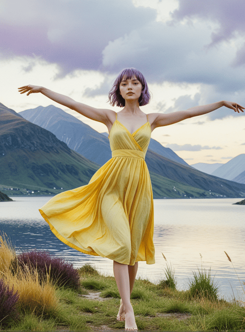 woman, dress, mountains, lake, grass, heather
