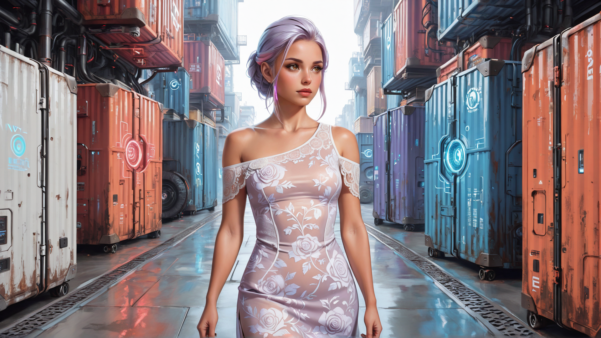 AI generated wallpaper featuring woman, container, dress, container terminal, future, cityscape, rose, hair, fashion, industrial