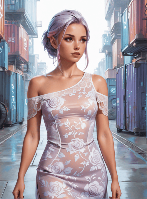 woman, container, dress, container terminal, future, cityscape, rose, hair, fashion, industrial