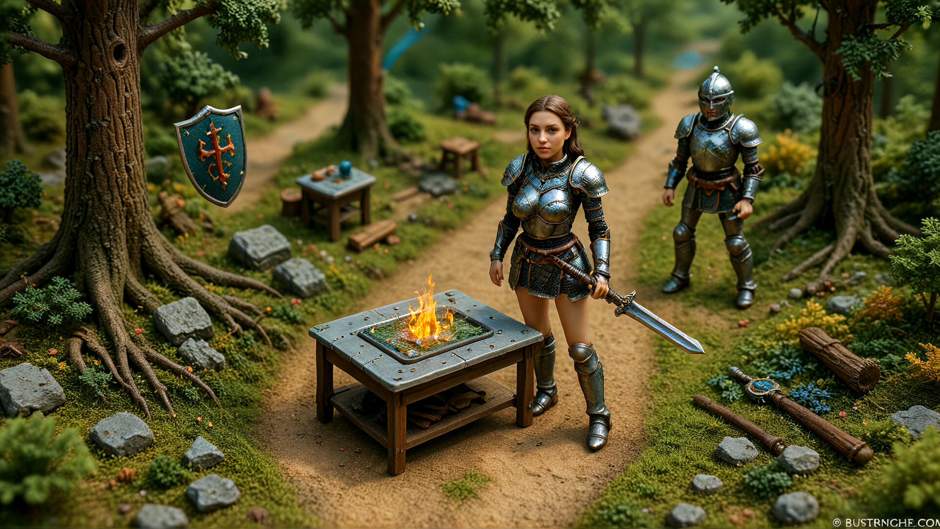 AI generated wallpaper featuring knight, sword, shield, forest, fireplace, armor, path, trees, stone, log