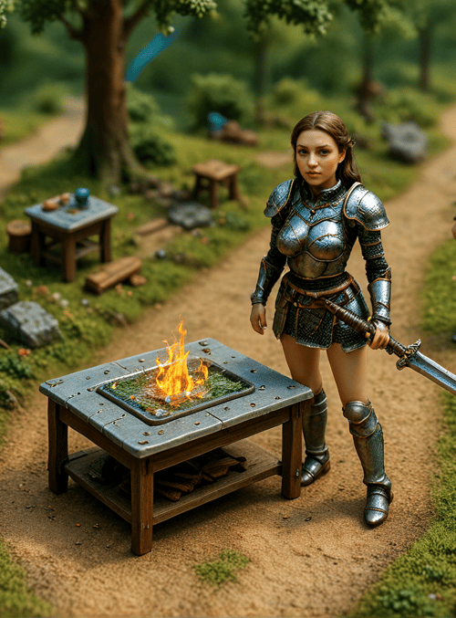 knight, sword, shield, forest, fireplace, armor, path, trees, stone, log