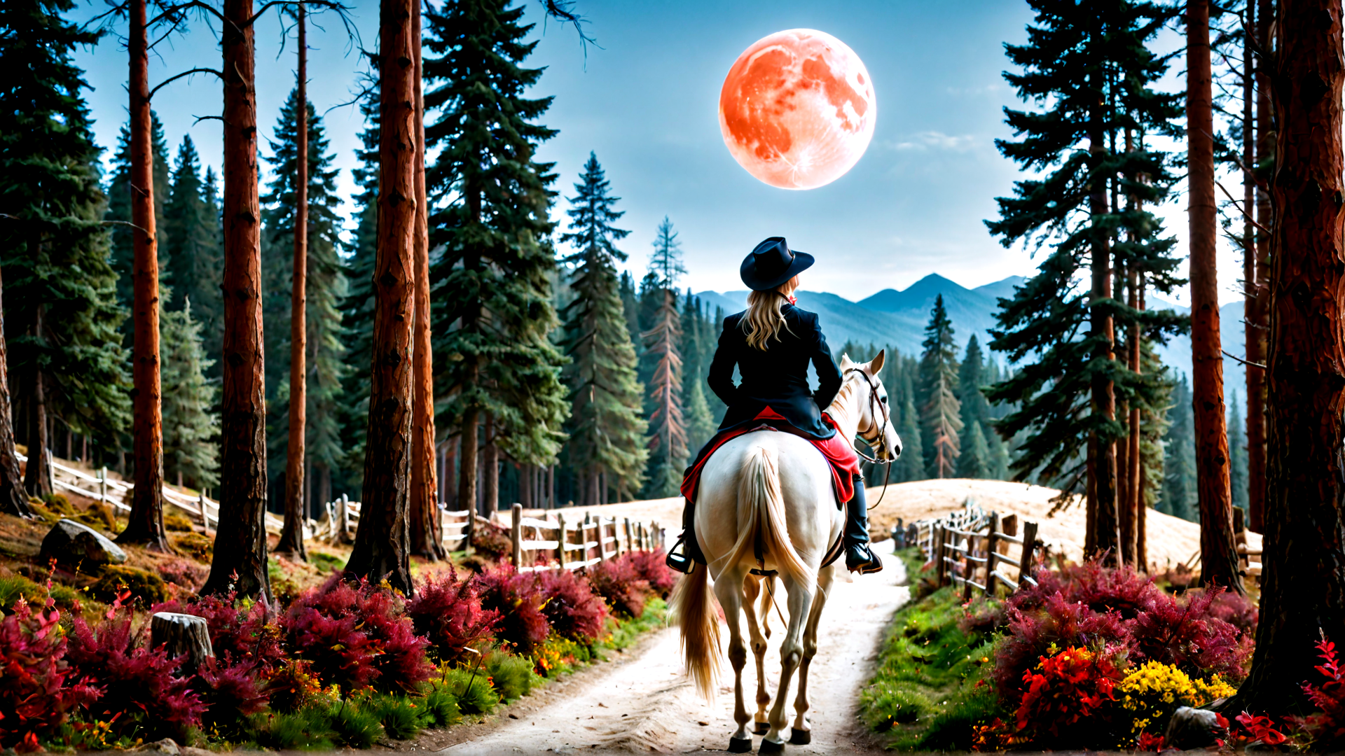 AI generated wallpaper featuring horse, person, forest, moon, mountain, tree, path, fence, flower, hat