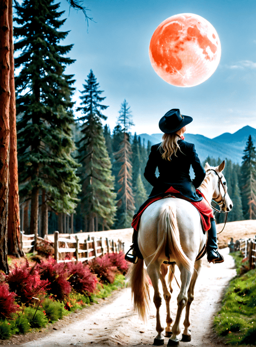 horse, person, forest, moon, mountain, tree, path, fence, flower, hat