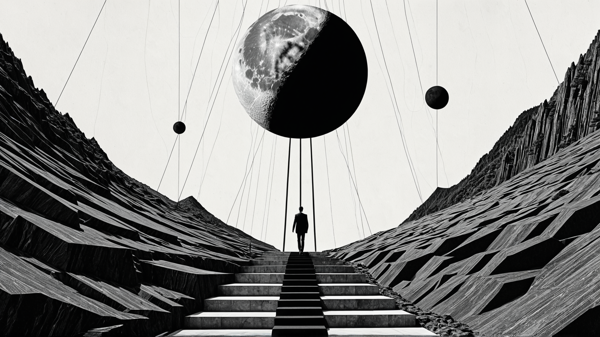 AI generated wallpaper featuring man, moon, mountains, stairs, spheres