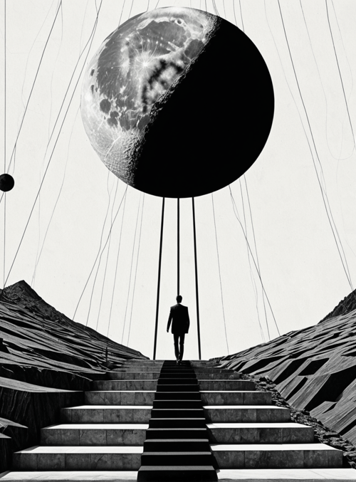 man, moon, mountains, stairs, spheres
