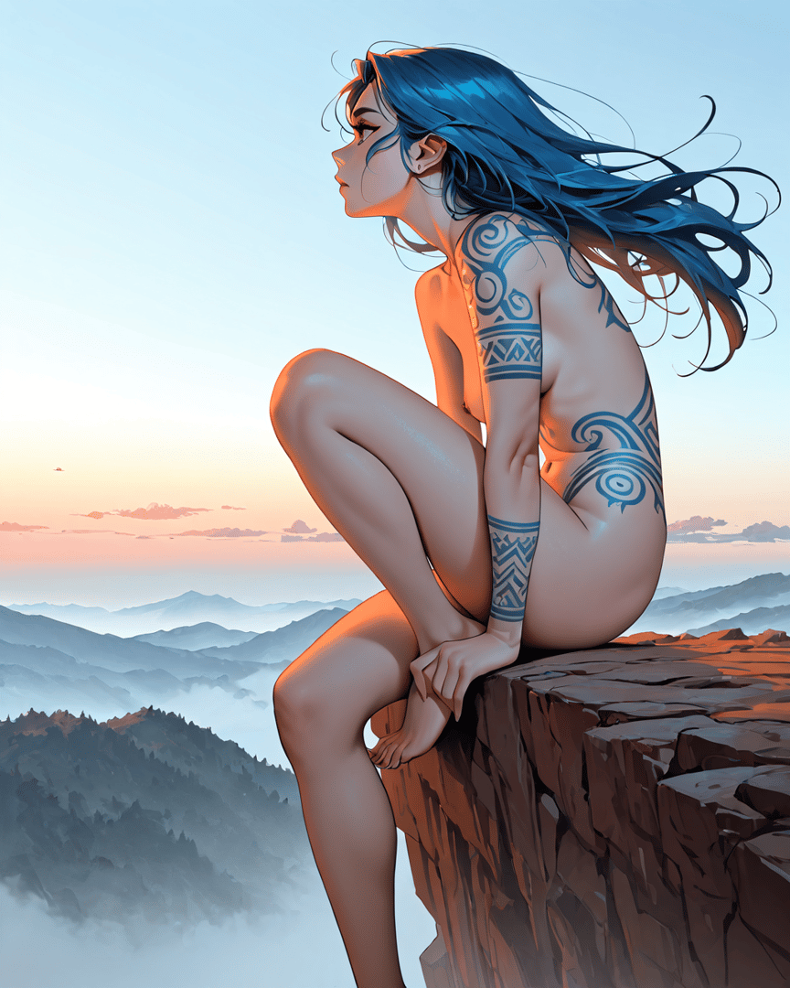 AI generated wallpaper featuring woman, tattoo, cliff, sunset, hair