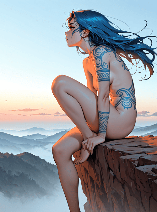 woman, tattoo, cliff, sunset, hair