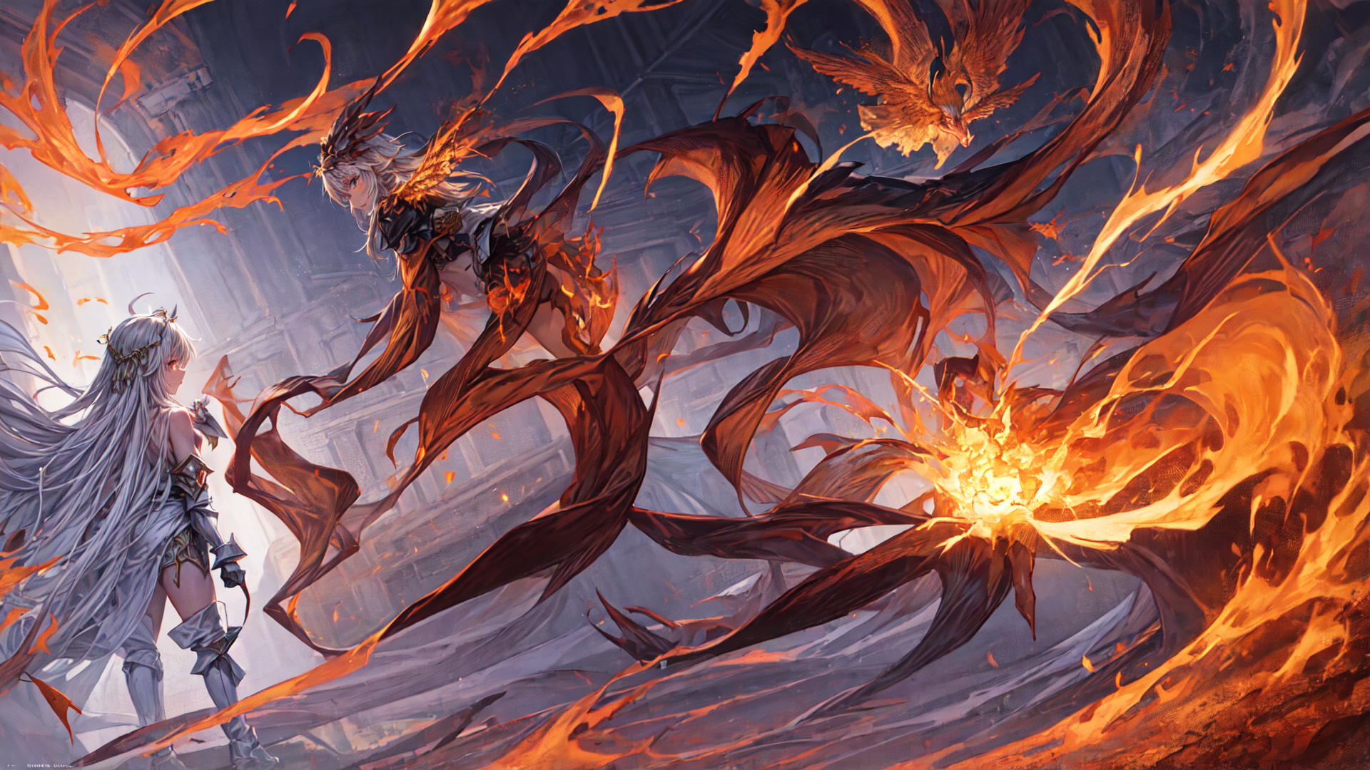 AI generated wallpaper featuring fairy, angel, firebird