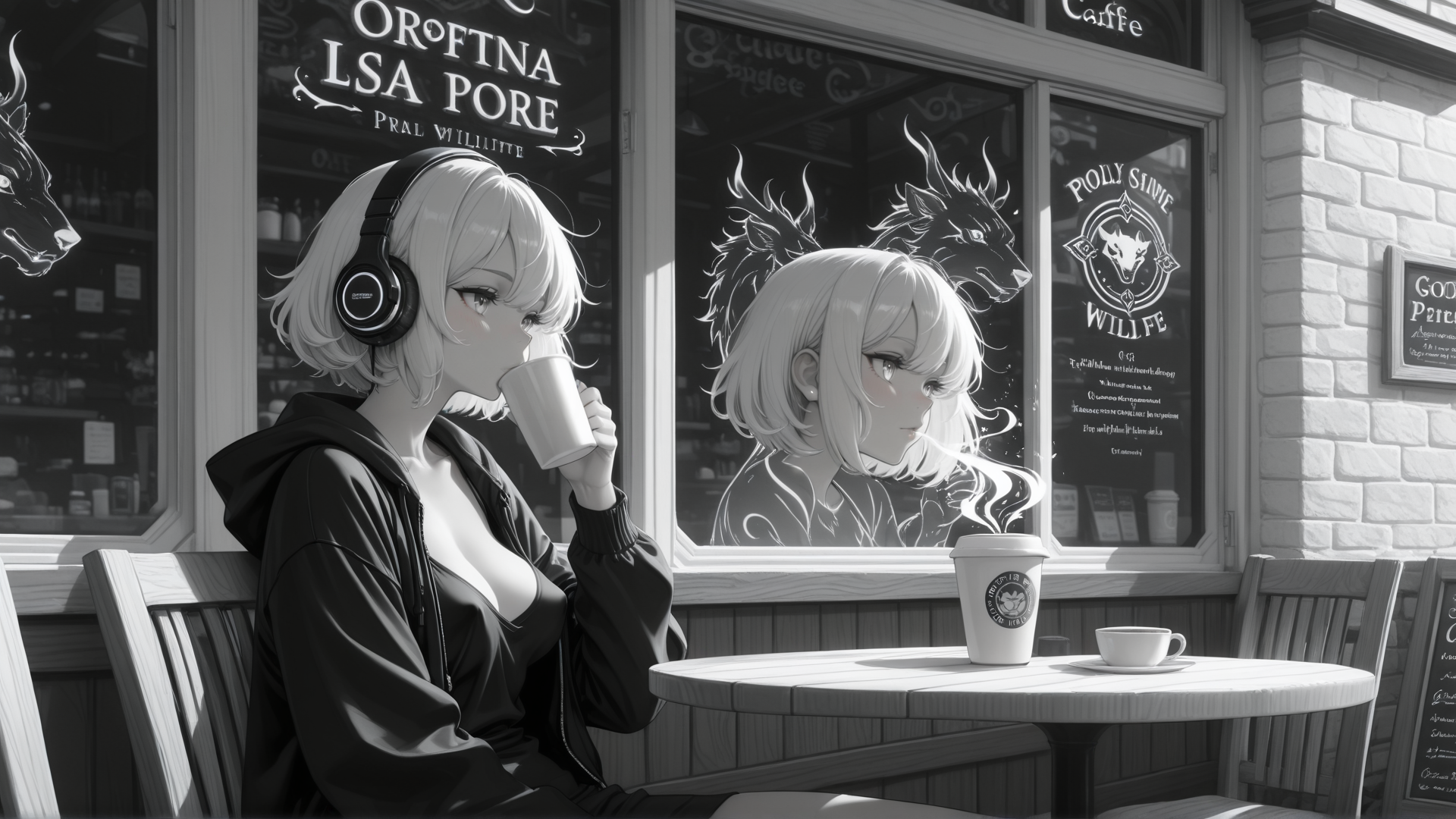 AI generated wallpaper featuring woman, coffee, headphones, cafe, window, reflection