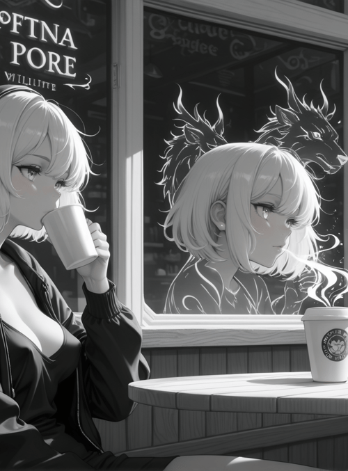 woman, coffee, headphones, cafe, window, reflection