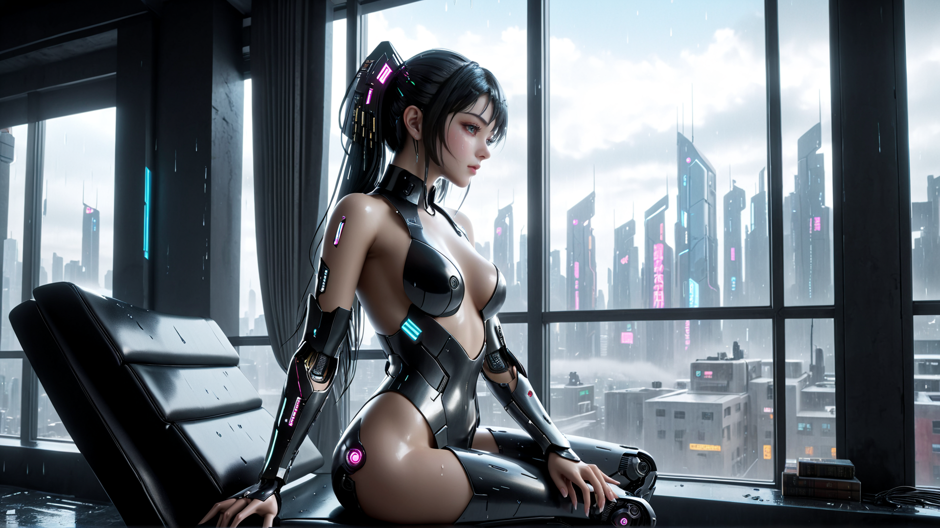 AI generated wallpaper featuring cyborg, woman, cityscape