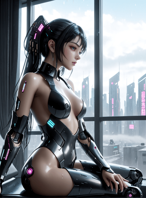 cyborg, woman, cityscape
