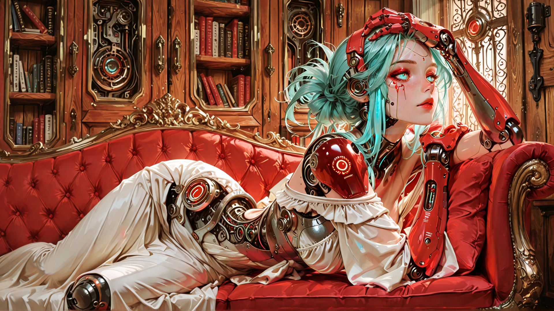 AI generated wallpaper featuring cyborg, woman, robot, sofa, bookshelf, mechanical, gown, arm, hair, book