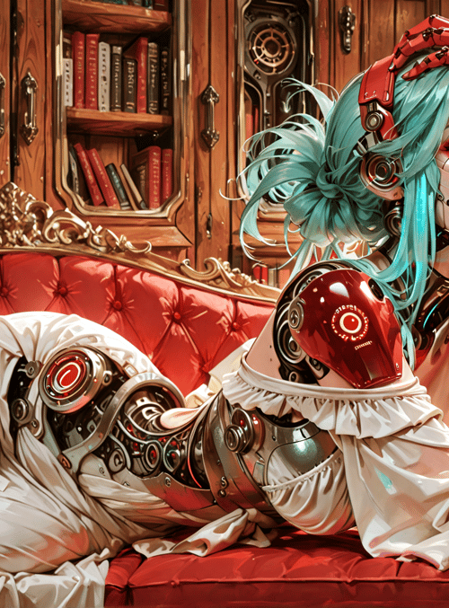 cyborg, woman, robot, sofa, bookshelf, mechanical, gown, arm, hair, book