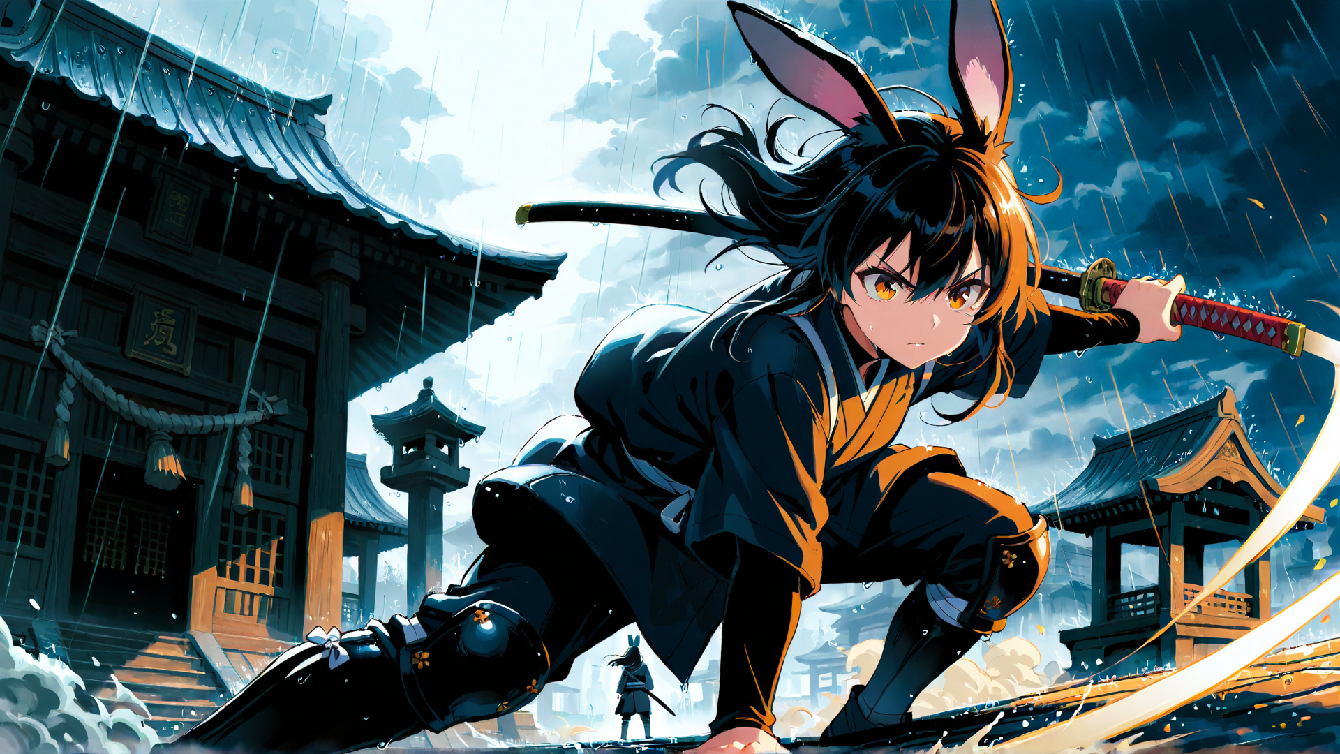 AI generated wallpaper featuring rabbit ears, sword, anime character, kimono, rain, shrine