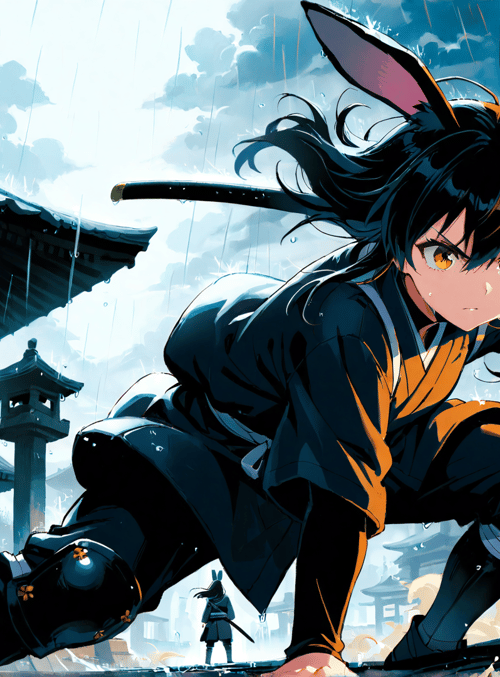 rabbit ears, sword, anime character, kimono, rain, shrine