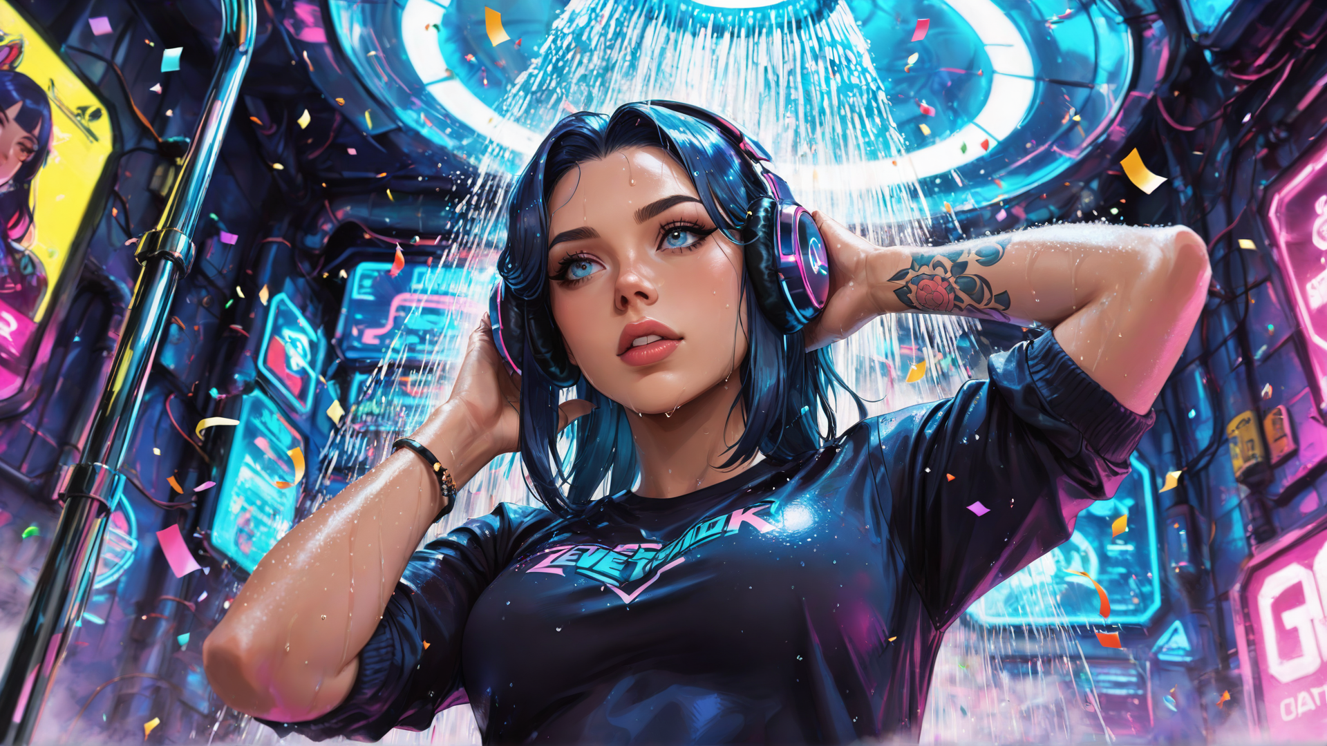 AI generated wallpaper featuring woman, headphones, confetti, tattoo, neon, shirt, rain, cityscape, cyberpunk, light