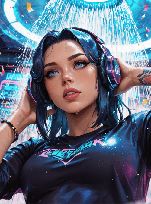 woman, headphones, confetti, tattoo, neon, shirt, rain, cityscape, cyberpunk, light