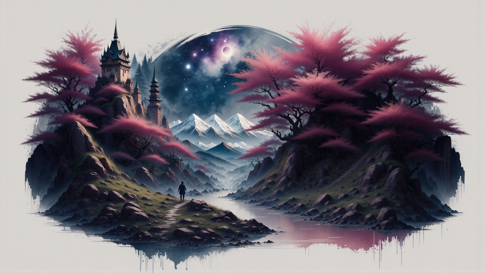 AI generated wallpaper featuring castle, trees, mountains