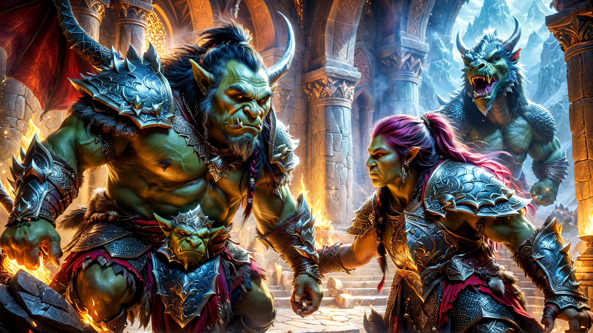 AI generated wallpaper featuring goblin, orc, dragon, armor, castle, fire, fist, scales, helmet, twin