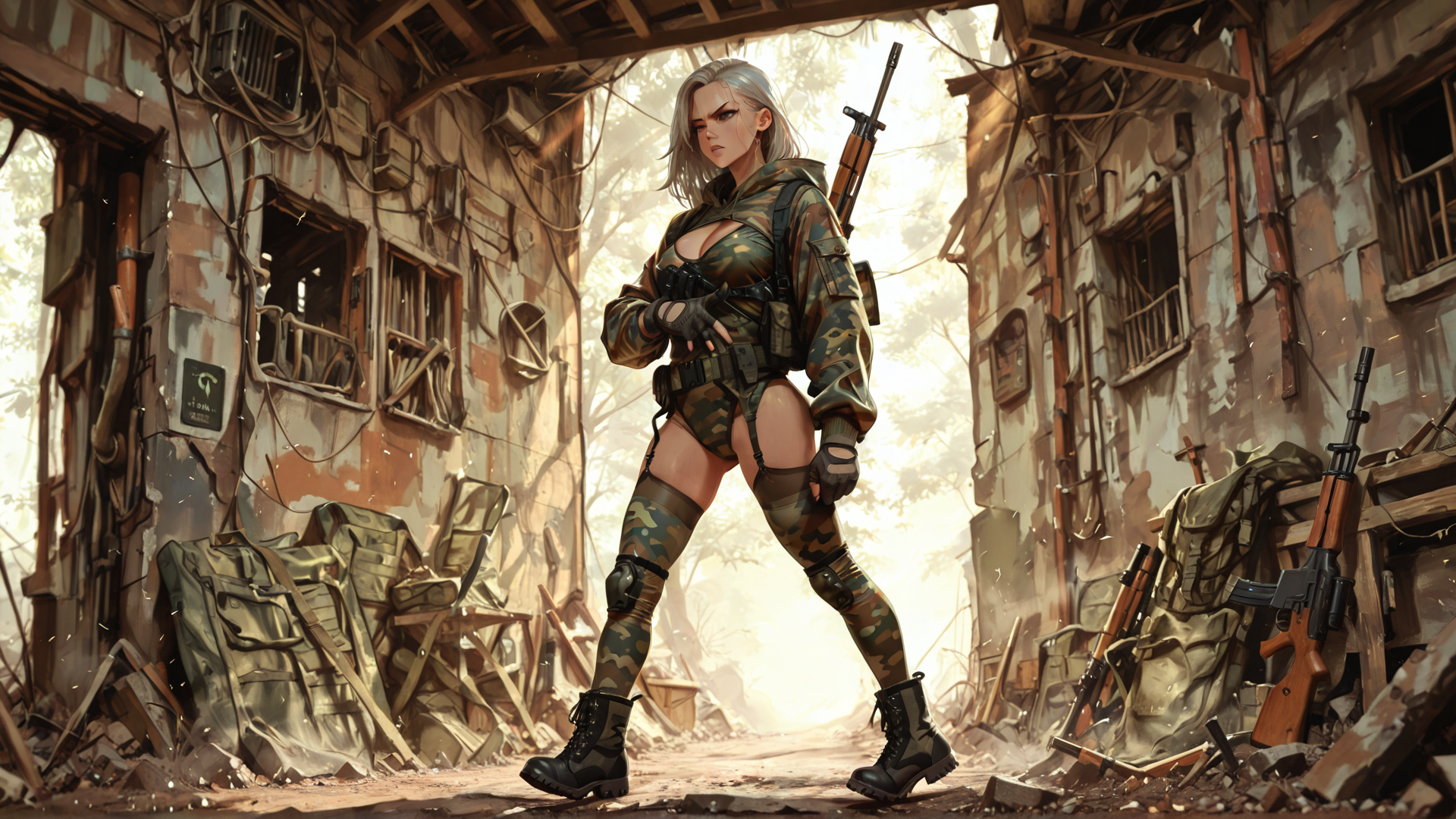 AI generated wallpaper featuring woman, soldier, rifle, ruins, buildings, gloves, boots, camouflage, military, weapons