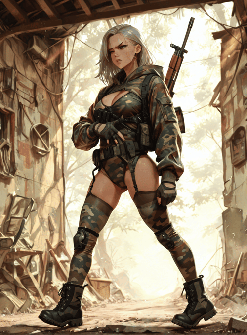 woman, soldier, rifle, ruins, buildings, gloves, boots, camouflage, military, weapons